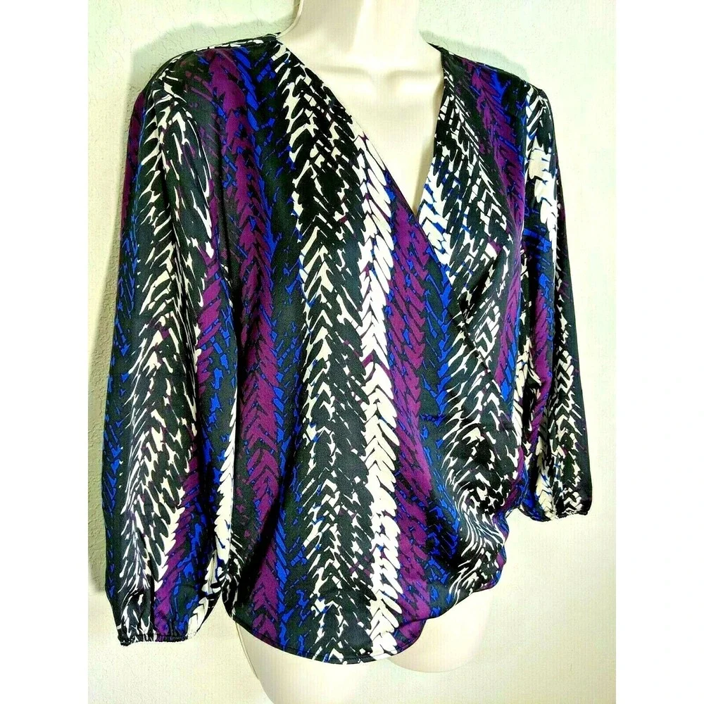 MARC NEW YORK Black Purple Blue Print Faux Wrap Blouse Hi Low Hem Size Small NWT - Picture 2 of 8